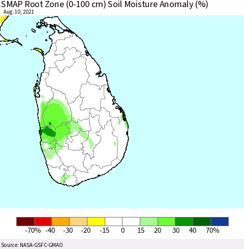 Sri Lanka SMAP Root Zone (0-100 cm) Soil Moisture Anomaly (%) Thematic Map For 8/6/2021 - 8/10/2021