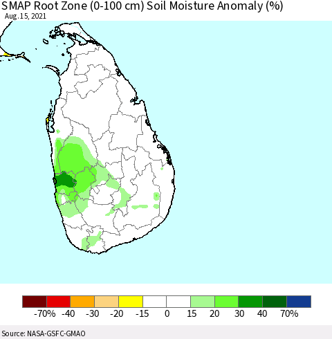 Sri Lanka SMAP Root Zone (0-100 cm) Soil Moisture Anomaly (%) Thematic Map For 8/11/2021 - 8/15/2021