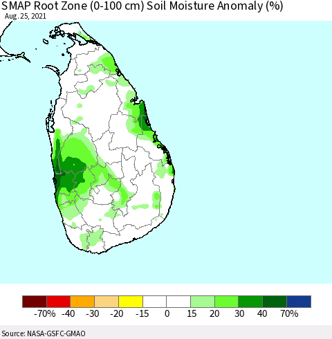 Sri Lanka SMAP Root Zone (0-100 cm) Soil Moisture Anomaly (%) Thematic Map For 8/21/2021 - 8/25/2021