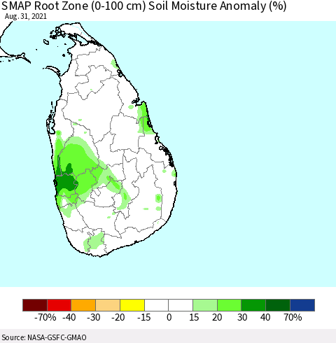 Sri Lanka SMAP Root Zone (0-100 cm) Soil Moisture Anomaly (%) Thematic Map For 8/26/2021 - 8/31/2021