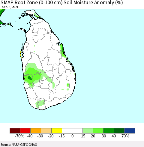 Sri Lanka SMAP Root Zone (0-100 cm) Soil Moisture Anomaly (%) Thematic Map For 9/1/2021 - 9/5/2021
