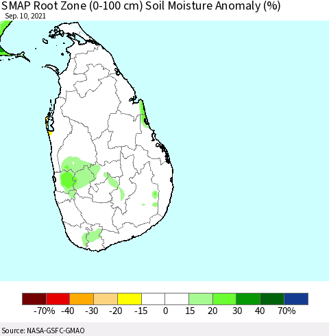 Sri Lanka SMAP Root Zone (0-100 cm) Soil Moisture Anomaly (%) Thematic Map For 9/6/2021 - 9/10/2021
