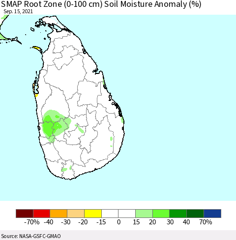 Sri Lanka SMAP Root Zone (0-100 cm) Soil Moisture Anomaly (%) Thematic Map For 9/11/2021 - 9/15/2021