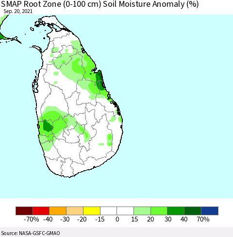 Sri Lanka SMAP Root Zone (0-100 cm) Soil Moisture Anomaly (%) Thematic Map For 9/16/2021 - 9/20/2021