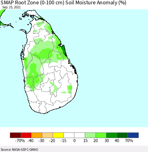 Sri Lanka SMAP Root Zone (0-100 cm) Soil Moisture Anomaly (%) Thematic Map For 9/21/2021 - 9/25/2021