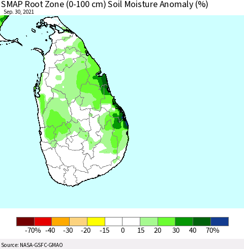 Sri Lanka SMAP Root Zone (0-100 cm) Soil Moisture Anomaly (%) Thematic Map For 9/26/2021 - 9/30/2021