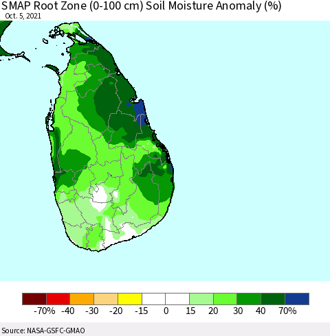 Sri Lanka SMAP Root Zone (0-100 cm) Soil Moisture Anomaly (%) Thematic Map For 10/1/2021 - 10/5/2021