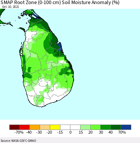 Sri Lanka SMAP Root Zone (0-100 cm) Soil Moisture Anomaly (%) Thematic Map For 10/6/2021 - 10/10/2021