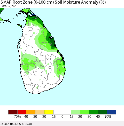 Sri Lanka SMAP Root Zone (0-100 cm) Soil Moisture Anomaly (%) Thematic Map For 10/11/2021 - 10/15/2021