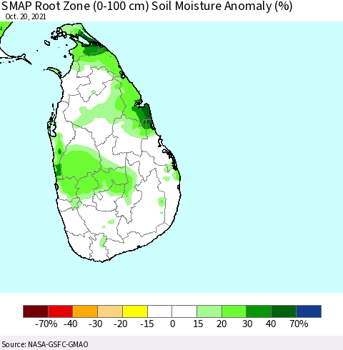 Sri Lanka SMAP Root Zone (0-100 cm) Soil Moisture Anomaly (%) Thematic Map For 10/16/2021 - 10/20/2021