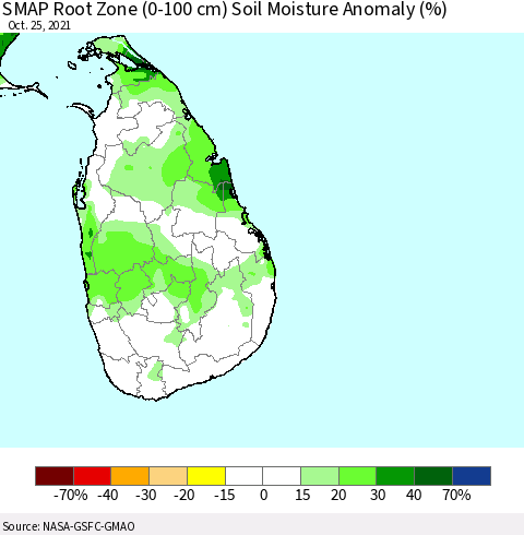 Sri Lanka SMAP Root Zone (0-100 cm) Soil Moisture Anomaly (%) Thematic Map For 10/21/2021 - 10/25/2021