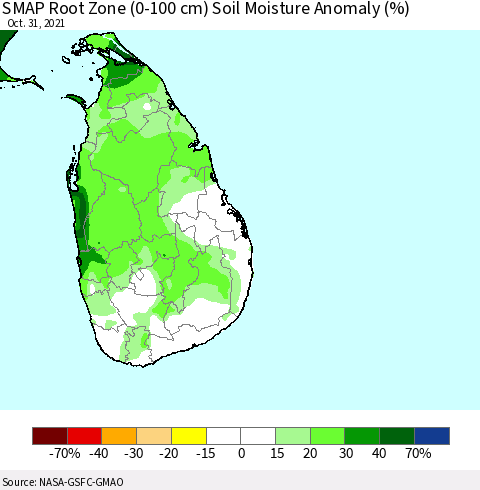 Sri Lanka SMAP Root Zone (0-100 cm) Soil Moisture Anomaly (%) Thematic Map For 10/26/2021 - 10/31/2021