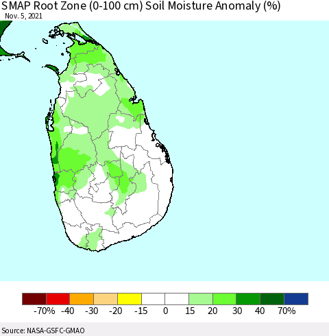 Sri Lanka SMAP Root Zone (0-100 cm) Soil Moisture Anomaly (%) Thematic Map For 11/1/2021 - 11/5/2021