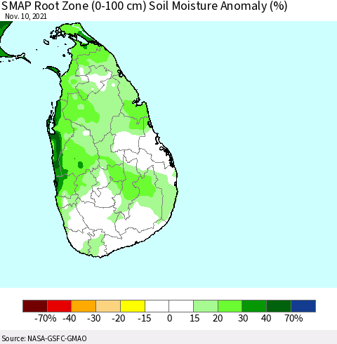 Sri Lanka SMAP Root Zone (0-100 cm) Soil Moisture Anomaly (%) Thematic Map For 11/6/2021 - 11/10/2021