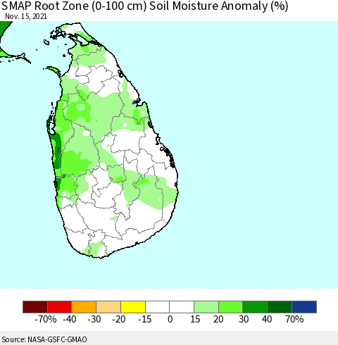 Sri Lanka SMAP Root Zone (0-100 cm) Soil Moisture Anomaly (%) Thematic Map For 11/11/2021 - 11/15/2021