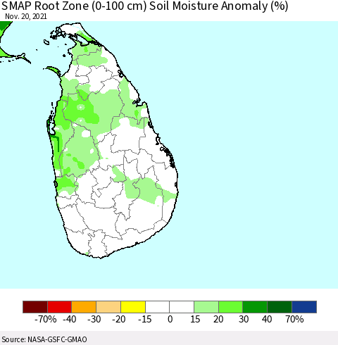 Sri Lanka SMAP Root Zone (0-100 cm) Soil Moisture Anomaly (%) Thematic Map For 11/16/2021 - 11/20/2021