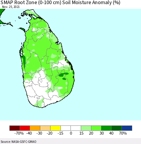 Sri Lanka SMAP Root Zone (0-100 cm) Soil Moisture Anomaly (%) Thematic Map For 11/21/2021 - 11/25/2021