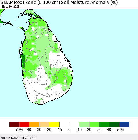 Sri Lanka SMAP Root Zone (0-100 cm) Soil Moisture Anomaly (%) Thematic Map For 11/26/2021 - 11/30/2021