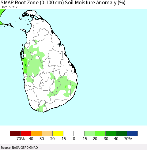 Sri Lanka SMAP Root Zone (0-100 cm) Soil Moisture Anomaly (%) Thematic Map For 12/1/2021 - 12/5/2021