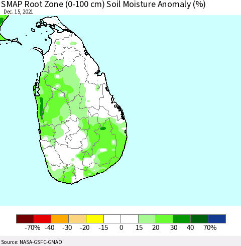 Sri Lanka SMAP Root Zone (0-100 cm) Soil Moisture Anomaly (%) Thematic Map For 12/11/2021 - 12/15/2021