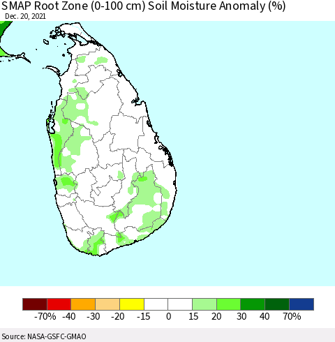 Sri Lanka SMAP Root Zone (0-100 cm) Soil Moisture Anomaly (%) Thematic Map For 12/16/2021 - 12/20/2021