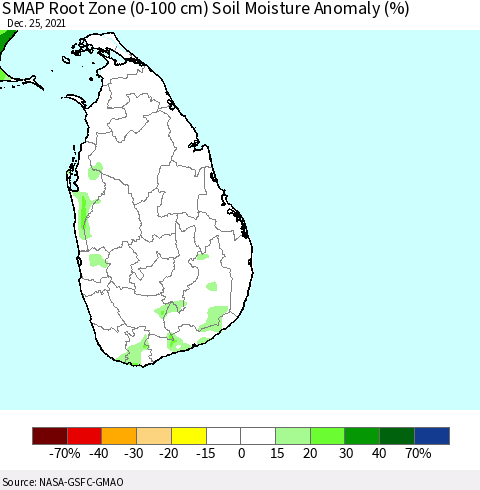 Sri Lanka SMAP Root Zone (0-100 cm) Soil Moisture Anomaly (%) Thematic Map For 12/21/2021 - 12/25/2021