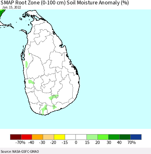 Sri Lanka SMAP Root Zone (0-100 cm) Soil Moisture Anomaly (%) Thematic Map For 1/11/2022 - 1/15/2022