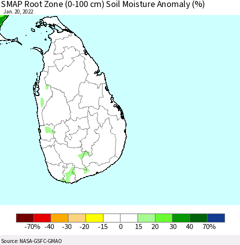 Sri Lanka SMAP Root Zone (0-100 cm) Soil Moisture Anomaly (%) Thematic Map For 1/16/2022 - 1/20/2022