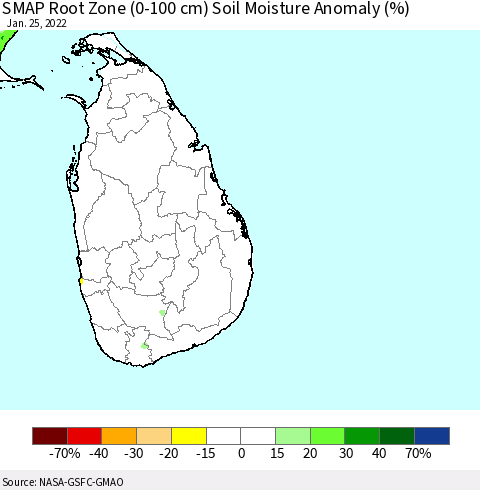 Sri Lanka SMAP Root Zone (0-100 cm) Soil Moisture Anomaly (%) Thematic Map For 1/21/2022 - 1/25/2022