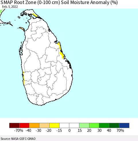 Sri Lanka SMAP Root Zone (0-100 cm) Soil Moisture Anomaly (%) Thematic Map For 2/1/2022 - 2/5/2022