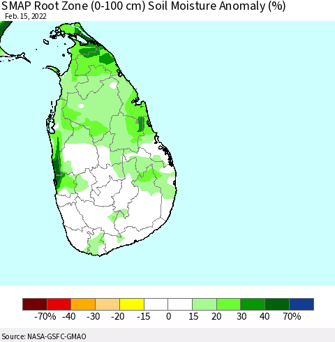 Sri Lanka SMAP Root Zone (0-100 cm) Soil Moisture Anomaly (%) Thematic Map For 2/11/2022 - 2/15/2022