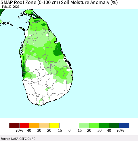 Sri Lanka SMAP Root Zone (0-100 cm) Soil Moisture Anomaly (%) Thematic Map For 2/16/2022 - 2/20/2022