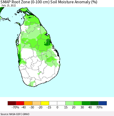 Sri Lanka SMAP Root Zone (0-100 cm) Soil Moisture Anomaly (%) Thematic Map For 2/21/2022 - 2/25/2022