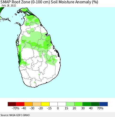 Sri Lanka SMAP Root Zone (0-100 cm) Soil Moisture Anomaly (%) Thematic Map For 2/26/2022 - 2/28/2022