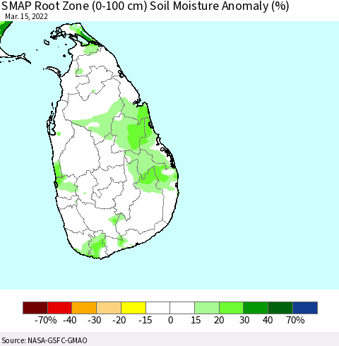 Sri Lanka SMAP Root Zone (0-100 cm) Soil Moisture Anomaly (%) Thematic Map For 3/11/2022 - 3/15/2022