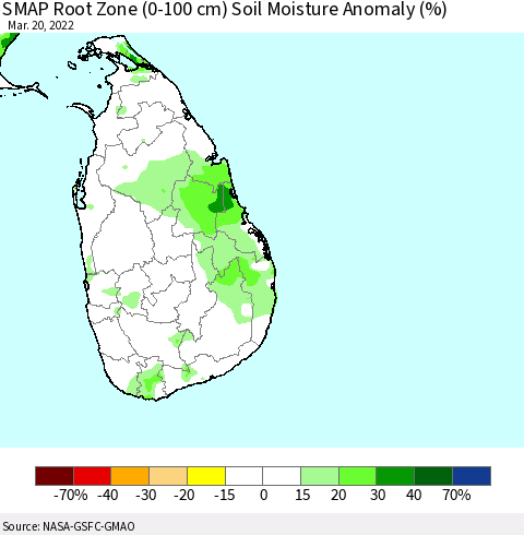 Sri Lanka SMAP Root Zone (0-100 cm) Soil Moisture Anomaly (%) Thematic Map For 3/16/2022 - 3/20/2022