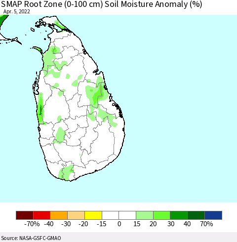 Sri Lanka SMAP Root Zone (0-100 cm) Soil Moisture Anomaly (%) Thematic Map For 4/1/2022 - 4/5/2022