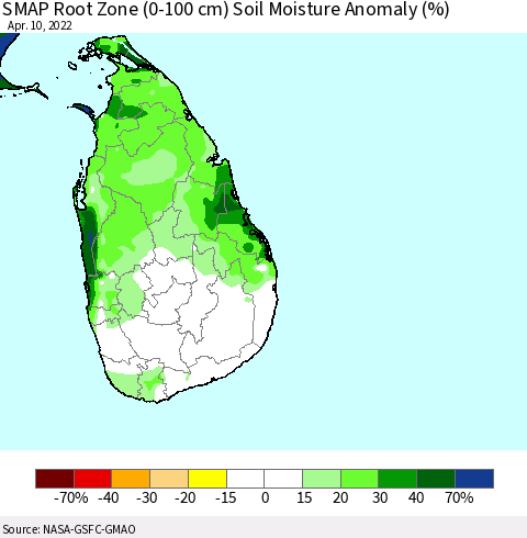 Sri Lanka SMAP Root Zone (0-100 cm) Soil Moisture Anomaly (%) Thematic Map For 4/6/2022 - 4/10/2022