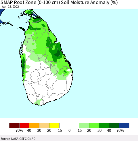 Sri Lanka SMAP Root Zone (0-100 cm) Soil Moisture Anomaly (%) Thematic Map For 4/11/2022 - 4/15/2022