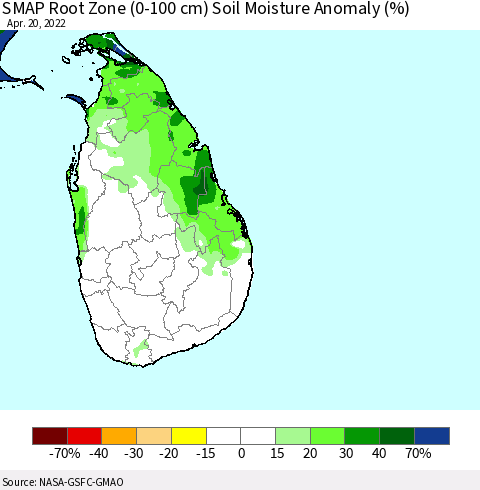 Sri Lanka SMAP Root Zone (0-100 cm) Soil Moisture Anomaly (%) Thematic Map For 4/16/2022 - 4/20/2022