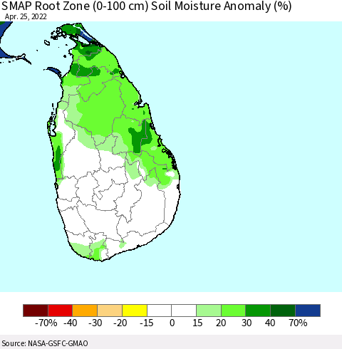 Sri Lanka SMAP Root Zone (0-100 cm) Soil Moisture Anomaly (%) Thematic Map For 4/21/2022 - 4/25/2022
