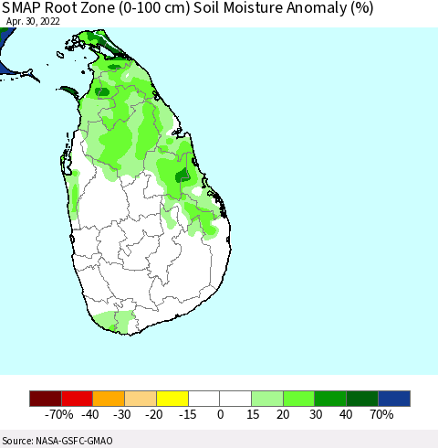 Sri Lanka SMAP Root Zone (0-100 cm) Soil Moisture Anomaly (%) Thematic Map For 4/26/2022 - 4/30/2022