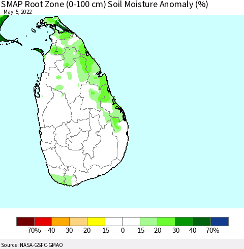 Sri Lanka SMAP Root Zone (0-100 cm) Soil Moisture Anomaly (%) Thematic Map For 5/1/2022 - 5/5/2022