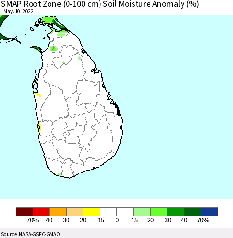 Sri Lanka SMAP Root Zone (0-100 cm) Soil Moisture Anomaly (%) Thematic Map For 5/6/2022 - 5/10/2022