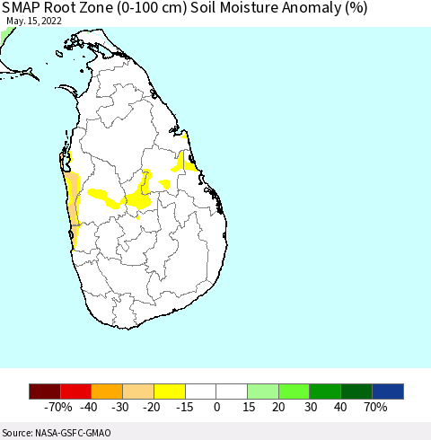 Sri Lanka SMAP Root Zone (0-100 cm) Soil Moisture Anomaly (%) Thematic Map For 5/11/2022 - 5/15/2022