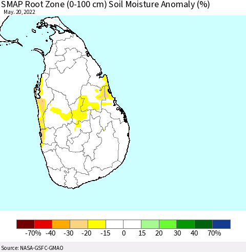 Sri Lanka SMAP Root Zone (0-100 cm) Soil Moisture Anomaly (%) Thematic Map For 5/16/2022 - 5/20/2022