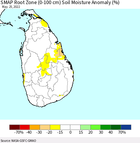 Sri Lanka SMAP Root Zone (0-100 cm) Soil Moisture Anomaly (%) Thematic Map For 5/21/2022 - 5/25/2022