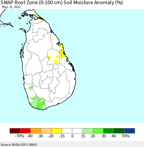Sri Lanka SMAP Root Zone (0-100 cm) Soil Moisture Anomaly (%) Thematic Map For 5/26/2022 - 5/31/2022