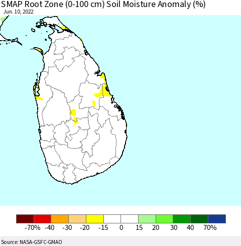 Sri Lanka SMAP Root Zone (0-100 cm) Soil Moisture Anomaly (%) Thematic Map For 6/6/2022 - 6/10/2022