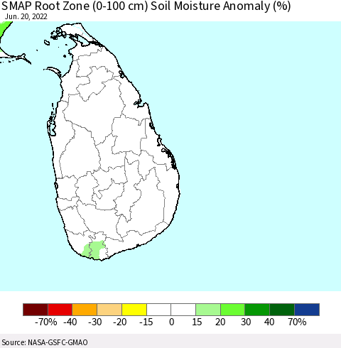 Sri Lanka SMAP Root Zone (0-100 cm) Soil Moisture Anomaly (%) Thematic Map For 6/16/2022 - 6/20/2022